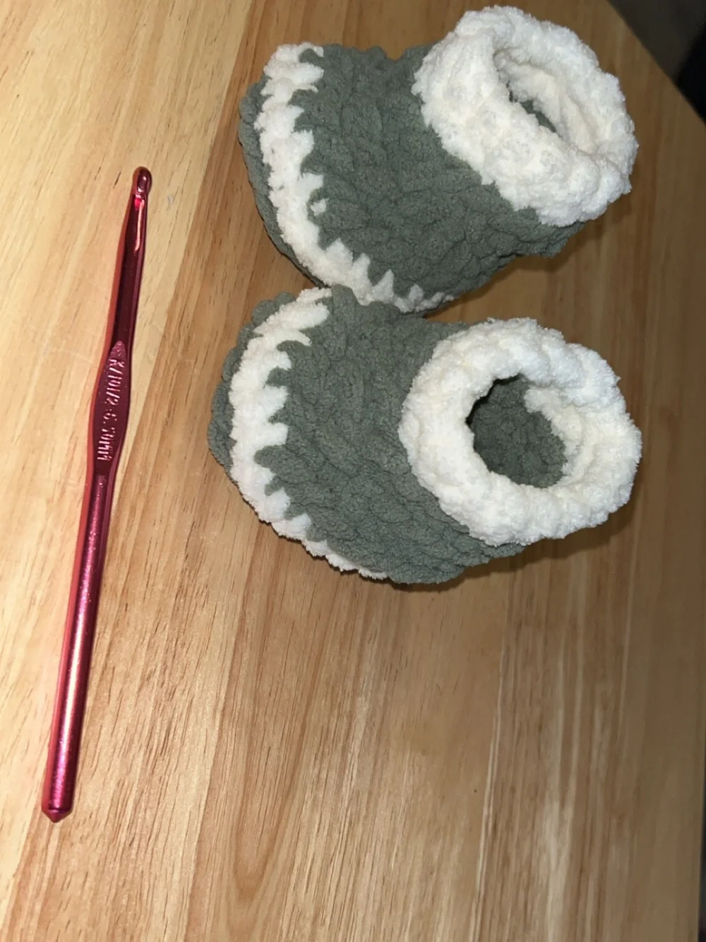 Handmade Plush Baby Booties in Sage Green & Cream